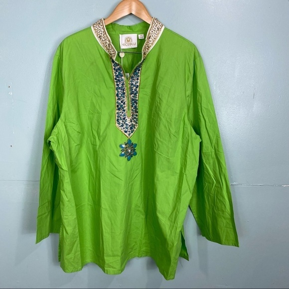 Nicoblu Madison Tunic in Lime Green Embellished in Gold & Semiprecious Stones 4X - Picture 2 of 8